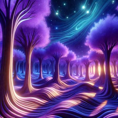 The primary subject of the image is a purple tree with a blue sky in the background. The setting appears to be a forest with multiple trees, creating a serene and peaceful atmosphere. The visual style of the image is digital art, as it is a colorful and vibrant illustration. The dominant colors in the image are purple and blue, which contribute to the overall mood of the scene.